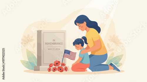 Mother and Daughter Honoring a Hero on Memorial Day Illustration