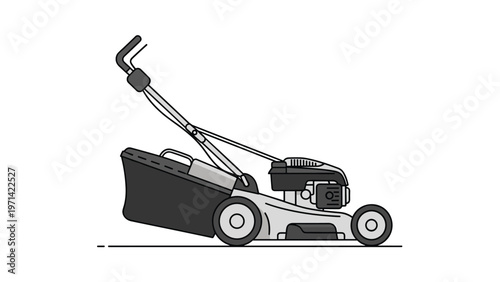 Professional gasoline lawn mower with grass catcher bag for garden maintenance and landscaping isolated on white.