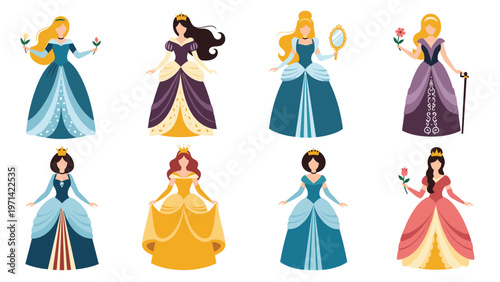 Set of beautiful princesses in various colorful royal dresses and gowns for classic fairy tale and fantasy stories.