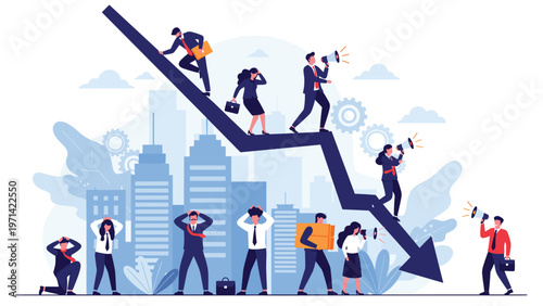Stressed business people standing on a falling economic chart representing bankruptcy, financial crisis, and failure.