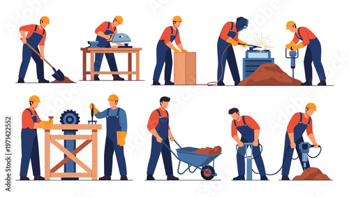 Set of professional construction workers performing various tasks like digging, sawing, welding, and using heavy machinery.