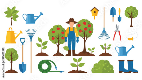 Professional gardener working in a fruit orchard surrounded by apple trees, plants, and various gardening tools.