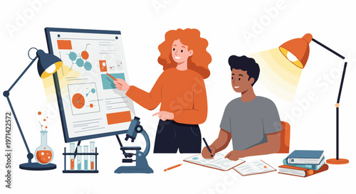 Diverse Students Collaborating on Science Research Project with Microscope and Lab Equipment in a Modern Flat Vector Illustration