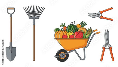 Set of essential gardening equipment including a wheelbarrow full of harvest, shovel, rake, and pruning shears.