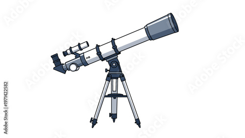 Professional white astronomical telescope on a tripod stand for stargazing and exploring the night sky objects.