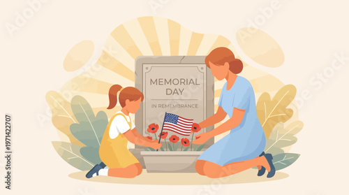 Mother and Daughter Honoring Heroes on Memorial Day