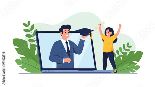 Conceptual illustration of a young woman celebrating her graduation with a virtual ceremony and diploma displayed on a laptop screen.