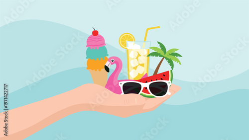 Hand holding a collection of summer vacation essentials including ice cream, a tropical drink, sunglasses, watermelon, and a flamingo.