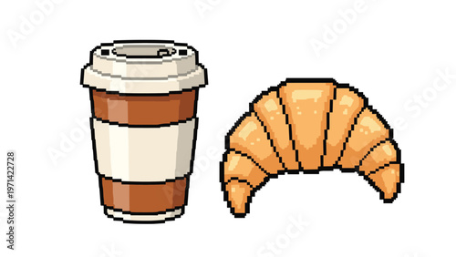 Pixel art illustration of a takeaway coffee cup and a golden flaky croissant representing a simple morning breakfast or snack.