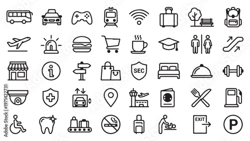 Urban, Travel, and Public Services Icons Collection - Vector Outline Set