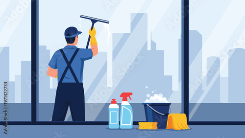 Professional window cleaner working on a high rise building glass facade with a squeegee and cleaning supplies against a city skyline.