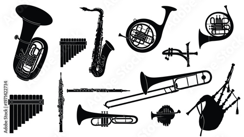 Collection of black silhouettes of wind musical instruments including trumpets, saxophones, flutes, and bagpipes on a white background.
