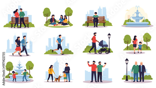 Set of people engaging in various activities in a city park such as picnicking, walking dogs, playing with children, and relaxing on benches.