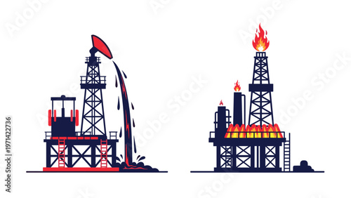 Two industrial oil drilling platforms with tall towers, pipes, and burning flames representing offshore energy production and resources.