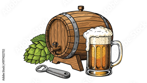 Classic illustration of a wooden beer barrel next to a full frothy mug of beer, hops, and a metal bottle opener for a brewery theme.