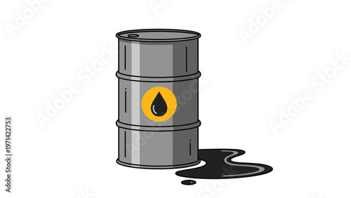 Industrial gray oil barrel with a yellow logo showing an oil drop and a black spill on the ground symbolizing pollution and resources.