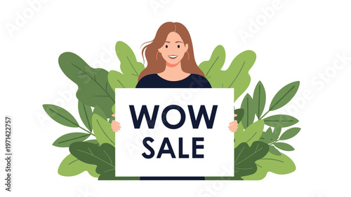 Cheerful woman holding a large white sign with the words wow sale written on it surrounded by lush green tropical leaves.