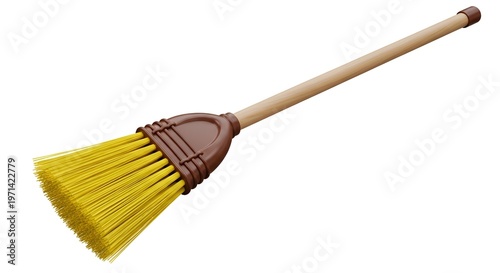 Yellow broom with brown handle on white background