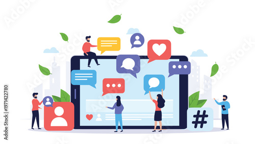 Group of diverse people engaging with various social media icons like hearts and speech bubbles around a large digital tablet screen.