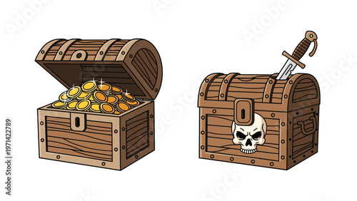 Two wooden treasure chests, one overflowing with gold coins and the other locked with a skull emblem and a sword for adventure themes.