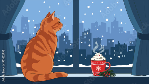 Cozy scene featuring a ginger cat sitting on a windowsill looking out at a snowy city at night with a hot drink nearby.