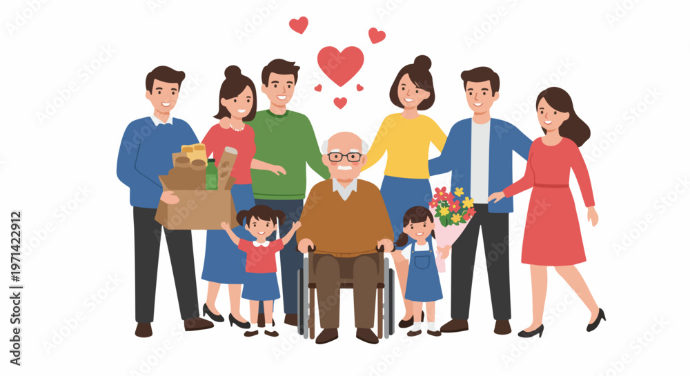 Obraz premium Happy Multigenerational Family Visiting and Caring for Elderly Grandfather in a Wheelchair with Groceries and Flowers