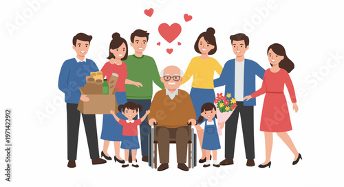 Happy Multigenerational Family Visiting and Caring for Elderly Grandfather in a Wheelchair with Groceries and Flowers
