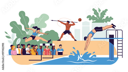 Action scenes of athletes participating in track and field, javelin throw, and high diving while a diverse crowd watches from the stands.