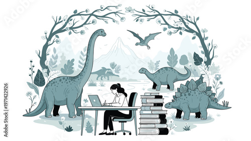 Creative scene featuring a woman working on a laptop at a desk surrounded by a variety of large prehistoric dinosaurs in a misty forest.