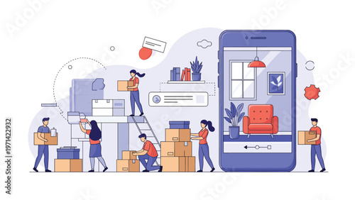 Team of workers moving furniture boxes next to a large smartphone screen showing an interior design and augmented reality app.