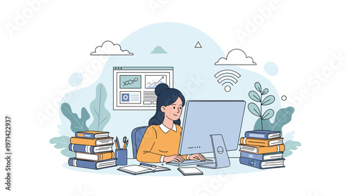 Young woman focused on her work or studies at a computer desk surrounded by tall stacks of books and academic supplies.