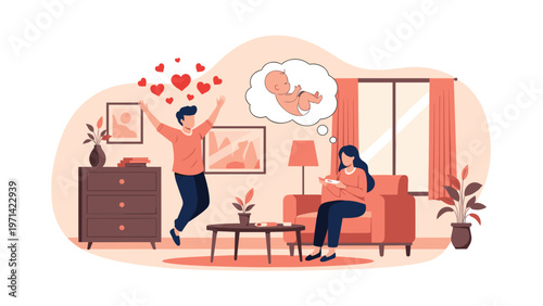 Joyful man jumping in the air and a happy woman sitting on a sofa looking at a positive pregnancy test in their living room.