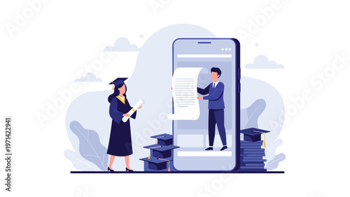 Graduate in cap and gown receiving her digital diploma from a professor appearing on a large smartphone screen in a conceptual illustration.