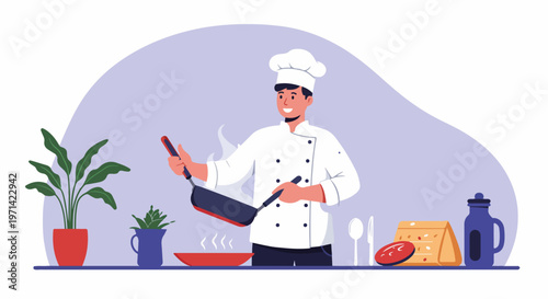 Professional male chef in white uniform cooking with a frying pan in a kitchen, flat vector illustration.