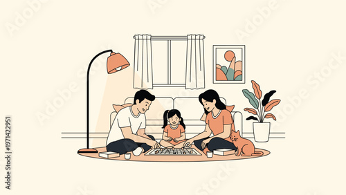 Happy family of three sitting on a rug and playing a board game together in a warm, comfortable living room with their pet cat.