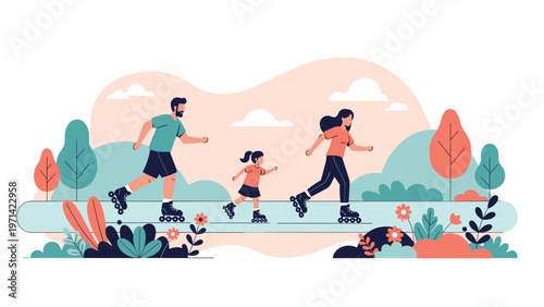 Happy family consisting of a father, mother, and daughter enjoying a sunny day while roller skating along a path in a beautiful park.