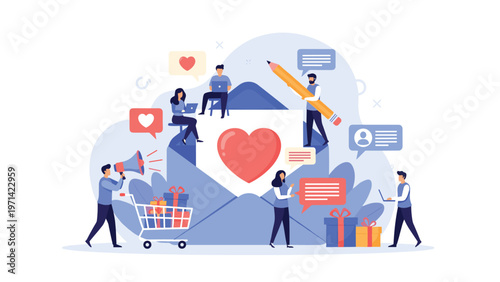 Creative team members collaborating on digital message strategy with large envelope and heart symbols in flat vector style.