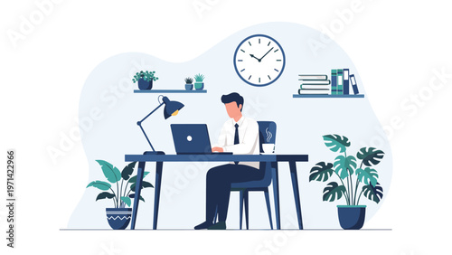 Focused businessman working remotely from home office with laptop and coffee cup in modern minimalist interior design setting.