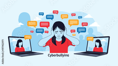 Sad young girl covering her ears while surrounded by mean social media comments and laptops showing people judging her online.