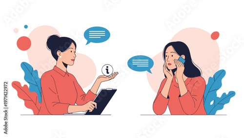 Professional female consultant providing information to customer via phone call for business support and service representation.