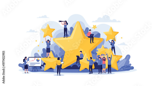 Diverse group of business people working together to achieve five-star rating and customer satisfaction for corporate reputation.