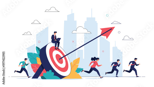 Ambitious business professionals running together toward a large target with an arrow pointing upward to symbolize success.