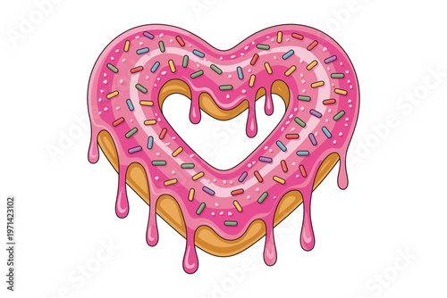 A colorful heart shaped donut with pink frosting and rainbow sprinkles featuring a dripping glaze on transparent background high-quality professional.