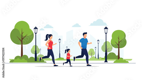 Healthy family including father mother and daughter jogging in city park for daily fitness and active outdoor lifestyle activity.