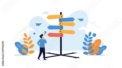 Confused man standing at crossroads with multiple directional signs for career choices and life decision making path concept.