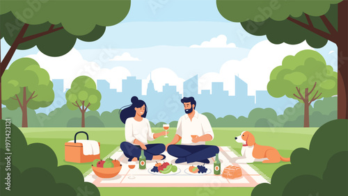 Young couple enjoying romantic picnic in park with snacks and wine for outdoor leisure and summer weekend relaxation.