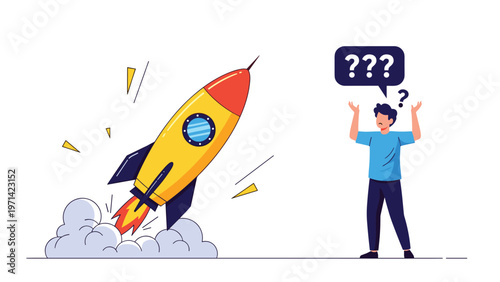 Confused businessman watches rocket launch into the sky with question mark icons representing startup failure or uncertainty.