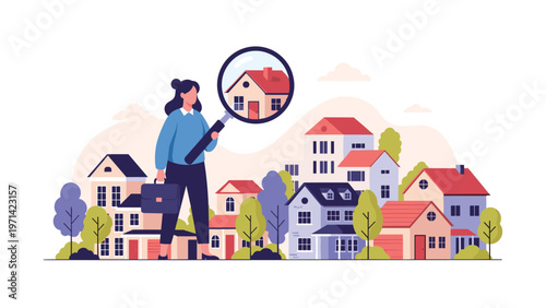 Female real estate agent searching for property using large magnifying glass over houses for home hunting and market research.