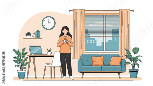 Woman standing in cozy modern living room with cup of coffee while working from home for interior design and lifestyle.