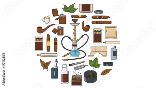 Assorted smoking accessories and tobacco products arranged in circular layout including pipes cigars and lighters for collection.